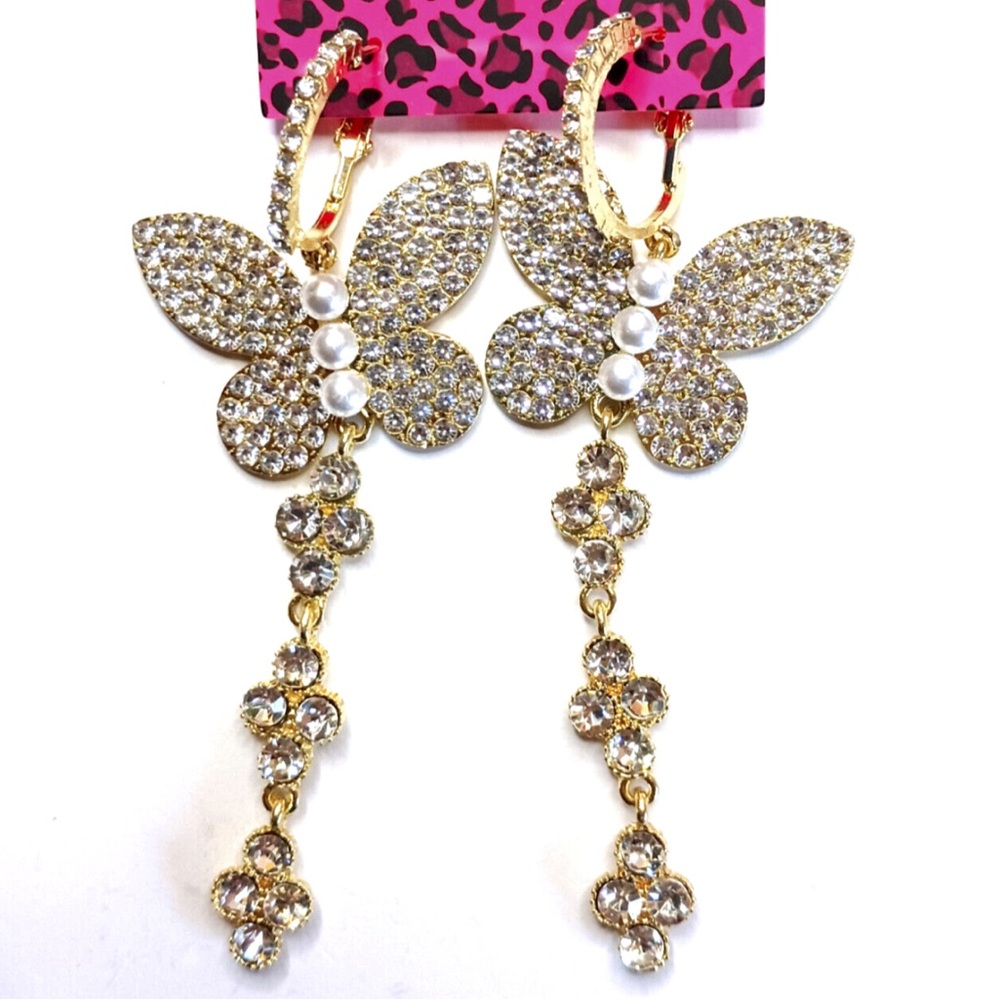 BUTTERFLY RHINESTONE PEARL TASSLE DANGLE EARRINGS
